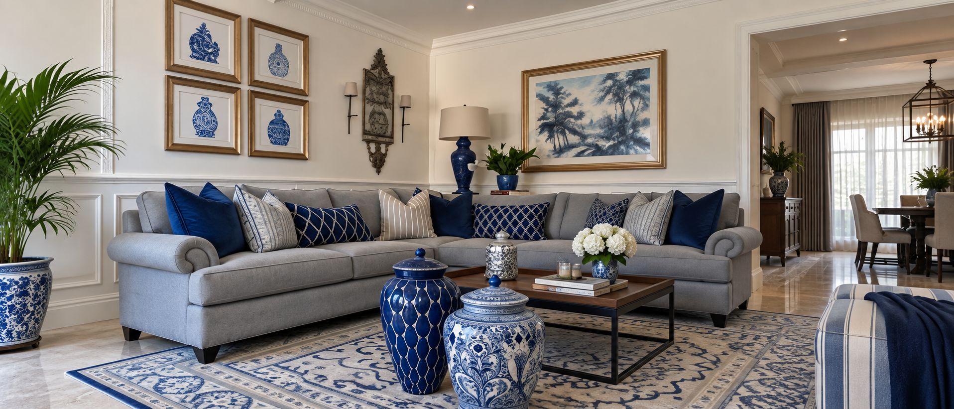 Salon d'un logement Manzili, tons bleus et gris